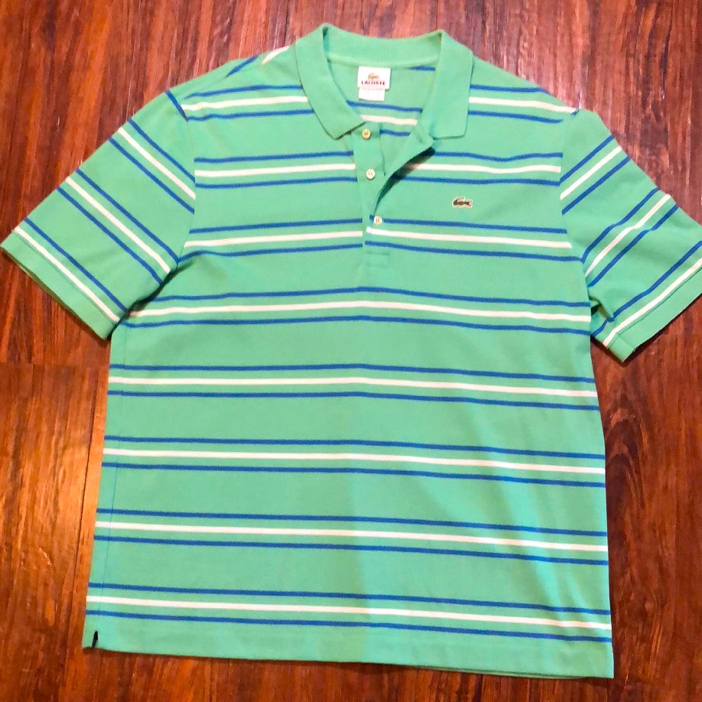 Lacoste mens 7 2XL XXL lime green stripe mesh pique polo shirt EUC